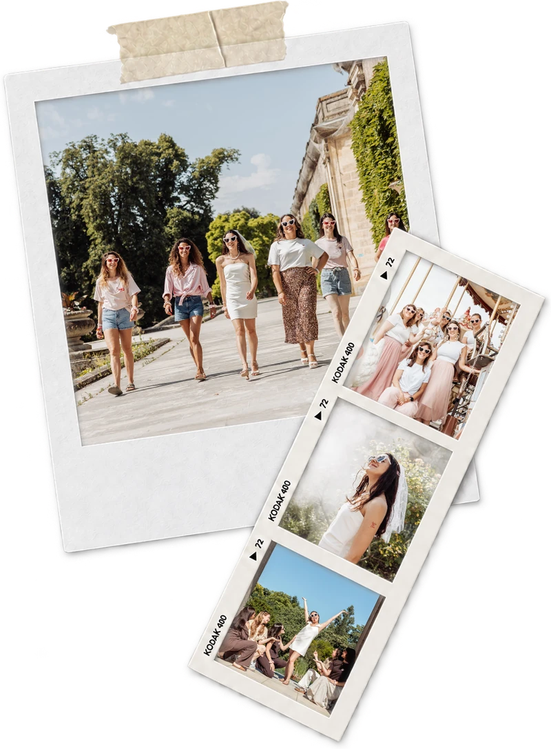 Un polaroïd scotché et une bande de pellicule posés l'un sur l'autre : le groupe qui remonte une allée du jardin, les copines en rose lors d'une dégustation, la mariée en voile dans la lumière, et le groupe bras levés sur un escalier