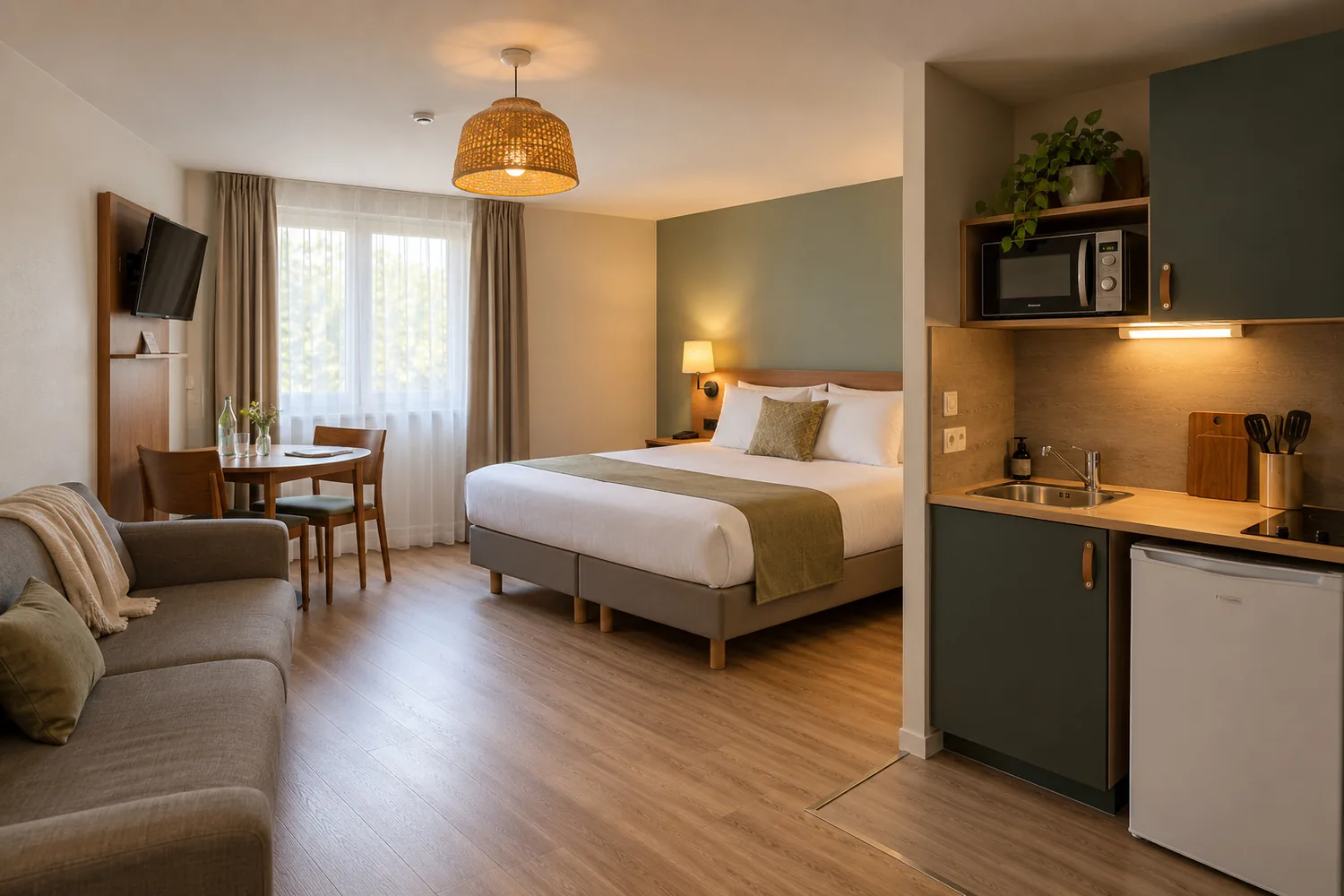 Studio lumineux : lit double au jeté vert, petite table ronde près de la fenêtre, canapé gris et kitchenette équipée