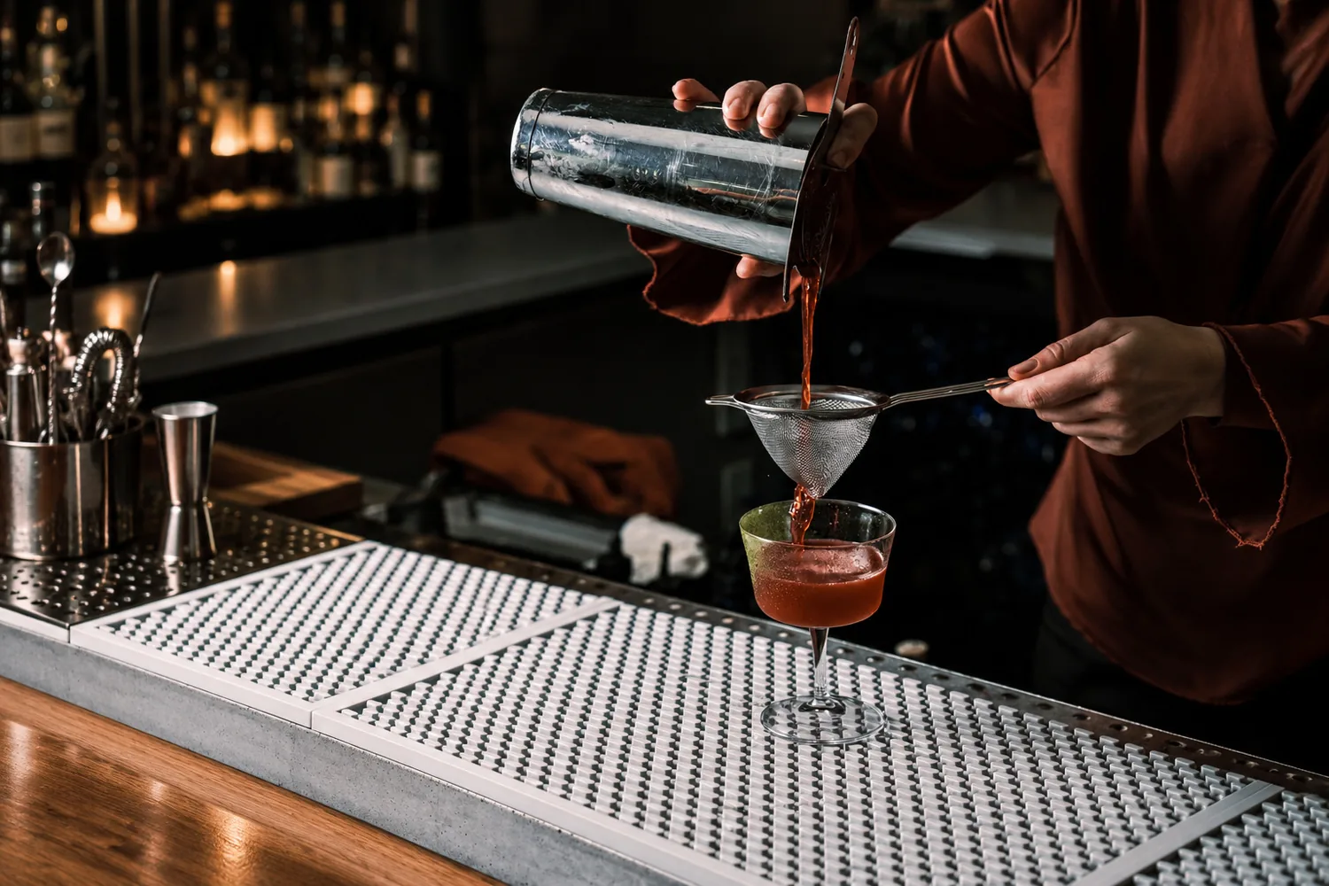Un shaker versé à travers une passoire fine dans un verre, derrière le comptoir d'un bar, EVJF à Bordeaux