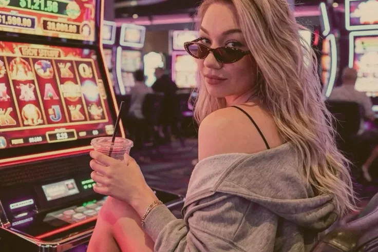 Une joueuse en lunettes noires, verre à la main, se retourne devant sa machine à sous éclairée