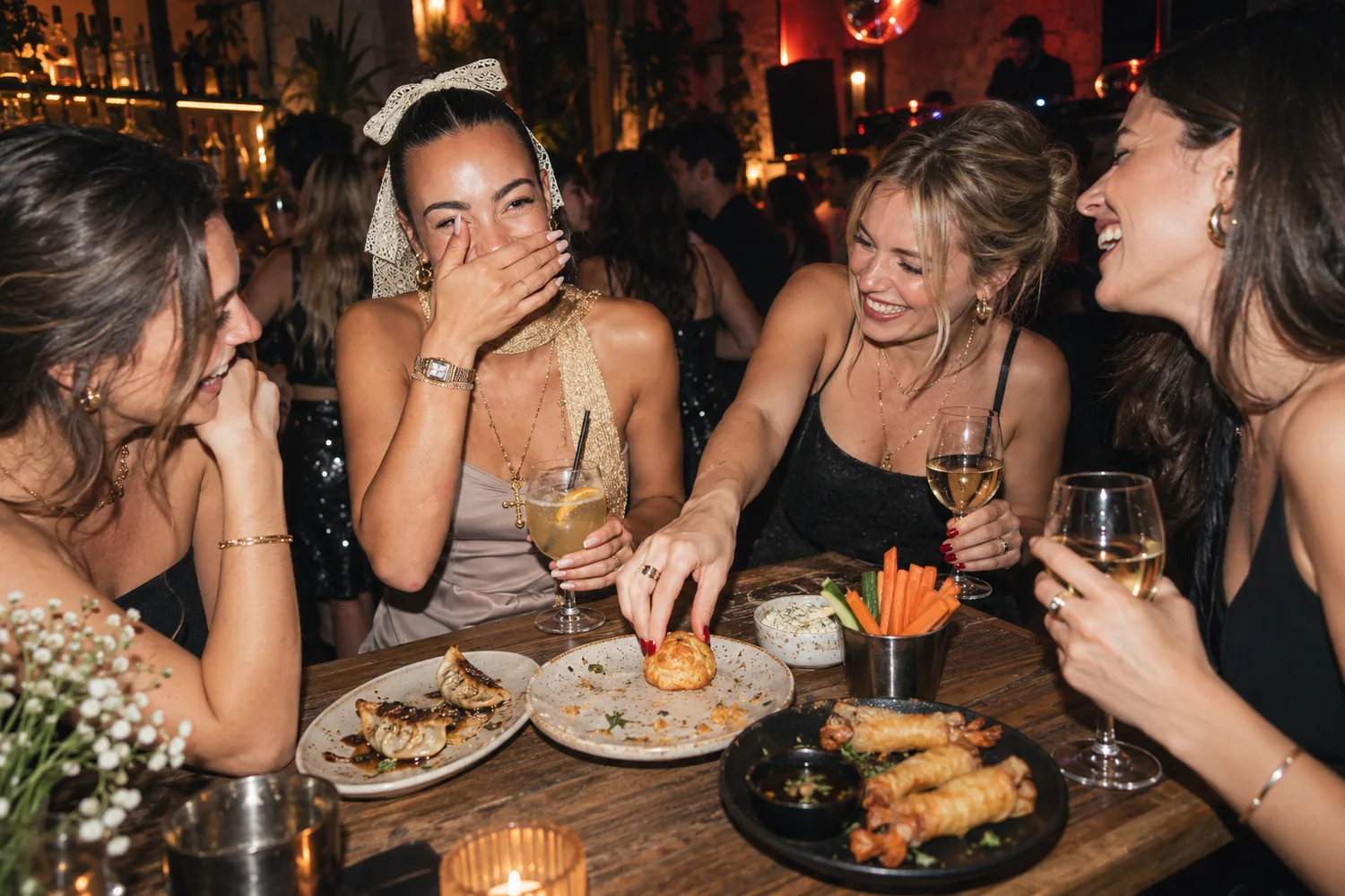 Quatre amies rient autour d'une table de bar, verres de vin blanc et cocktail à la main, raviolis grillés, crudités et bouchées feuilletées, EVJF à Bordeaux