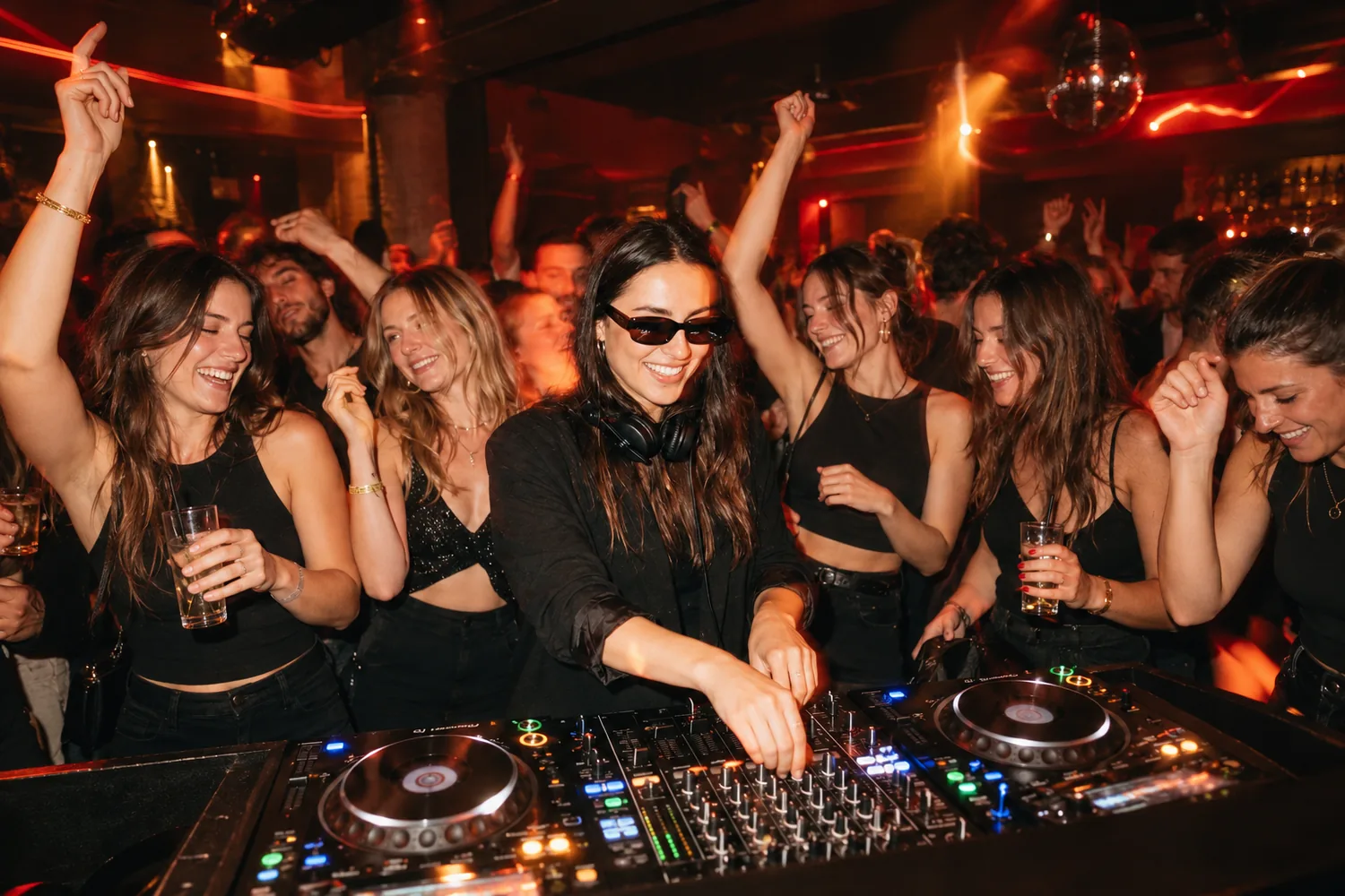 Une DJ en lunettes noires aux platines, le groupe danse et lève les bras derrière elle