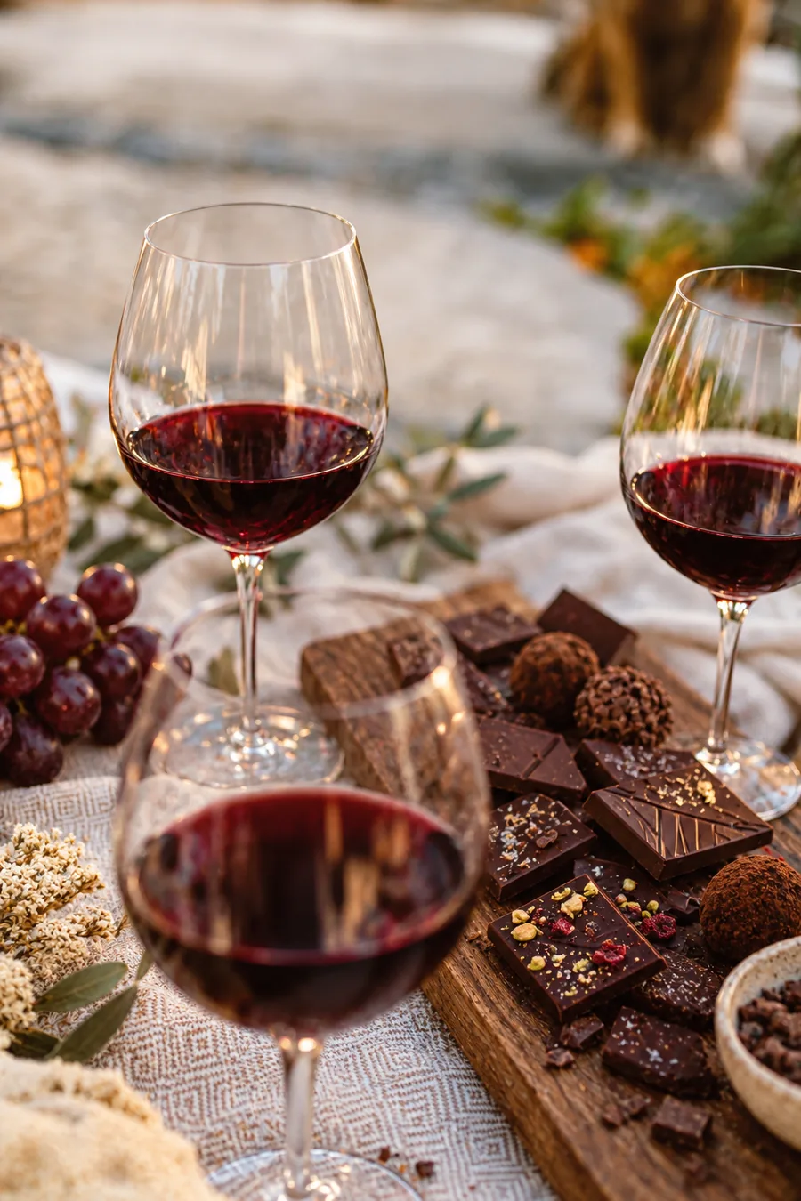 Trois verres de vin rouge et une planche de chocolats noirs et de truffes, sur une nappe tissée, EVJF à Bordeaux