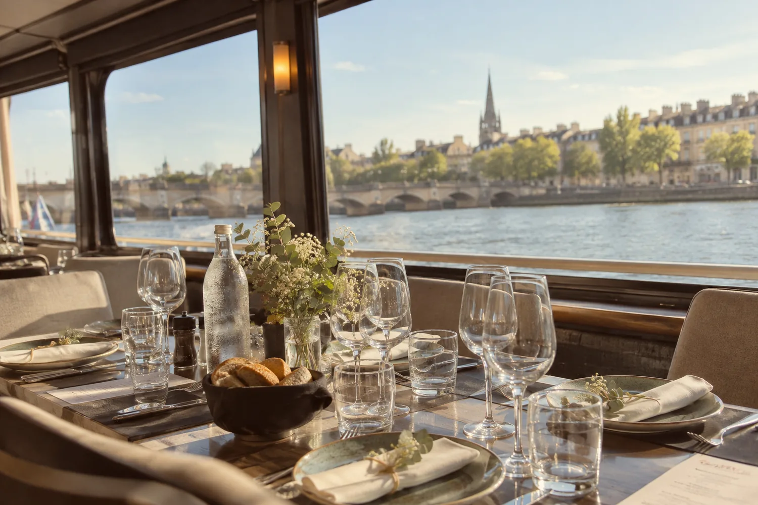 Table dressée à bord d'un bateau, verres et corbeille de pain, face au fleuve, à un pont de pierre et à la flèche d'une église