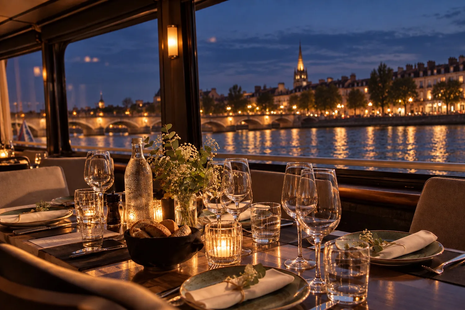 Table dressée aux bougies derrière une grande baie vitrée, de nuit, face au fleuve, à un pont de pierre et aux façades éclairées, EVJF à Bordeaux