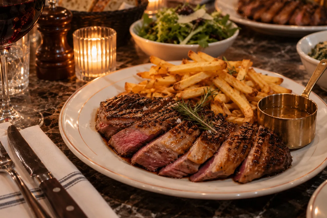 Une viande grillée tranchée, rosée à cœur, et des frites dans une assiette à liseré doré, près d'un pot de sauce, d'un verre de vin rouge et de bougies