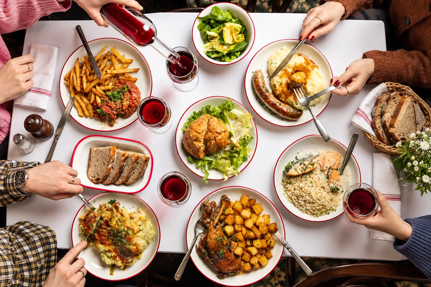 Vue du dessus d'une tablée bistrot sur nappe blanche : confit et pommes sautées, saucisse purée, tartare-frites, gratin, saumon et riz, salades, pain et vin rouge
