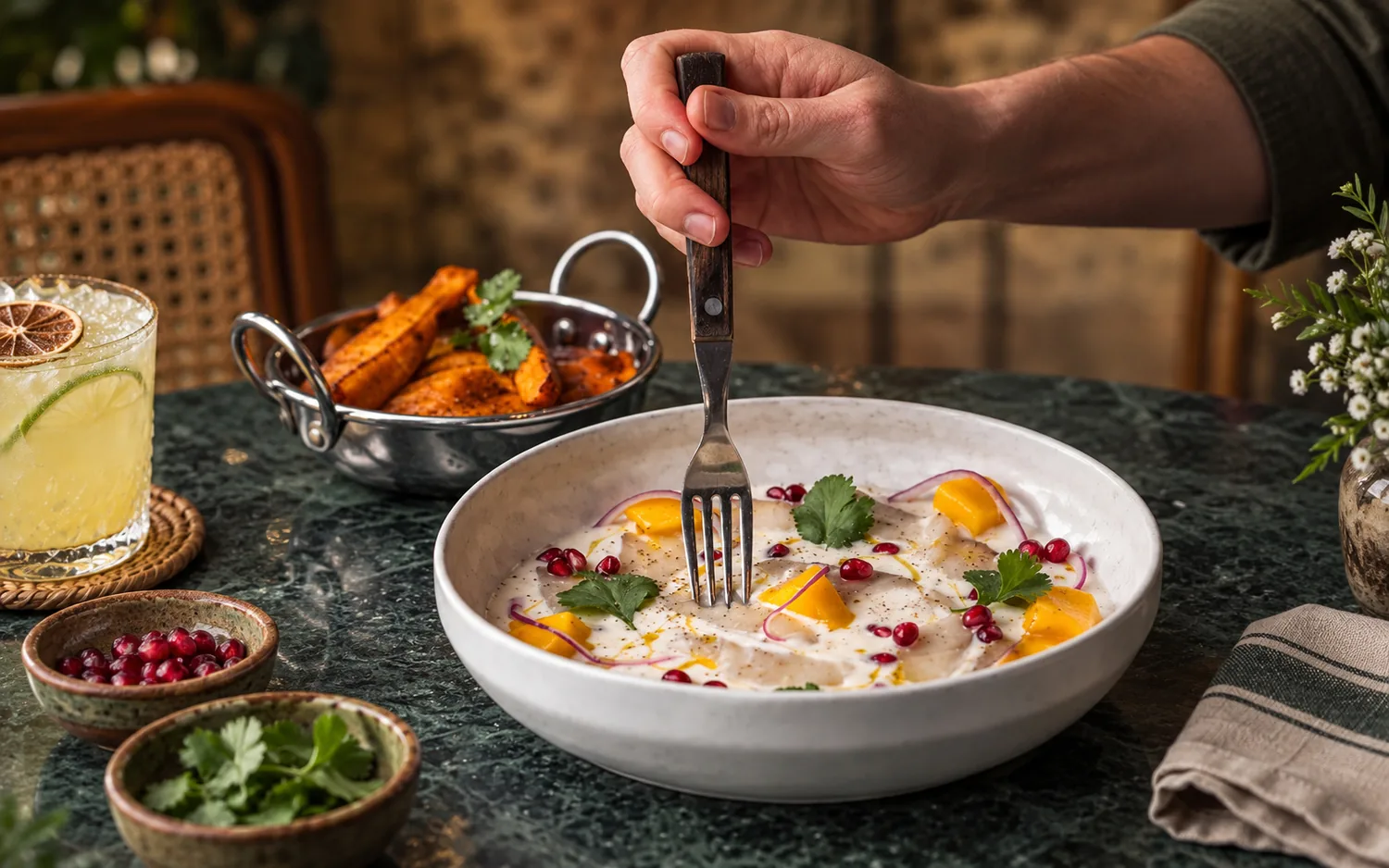 Une fourchette plantée dans un ceviche de poisson blanc, mangue et grenade, près d'un cocktail au citron vert et d'un plat de patates douces rôties